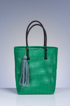 green tote bag with black handle